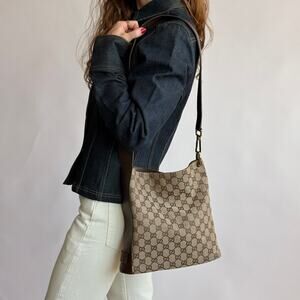 Gucci Hobo Bag GG Canvas Brown Leather Trim & Gold Hardware